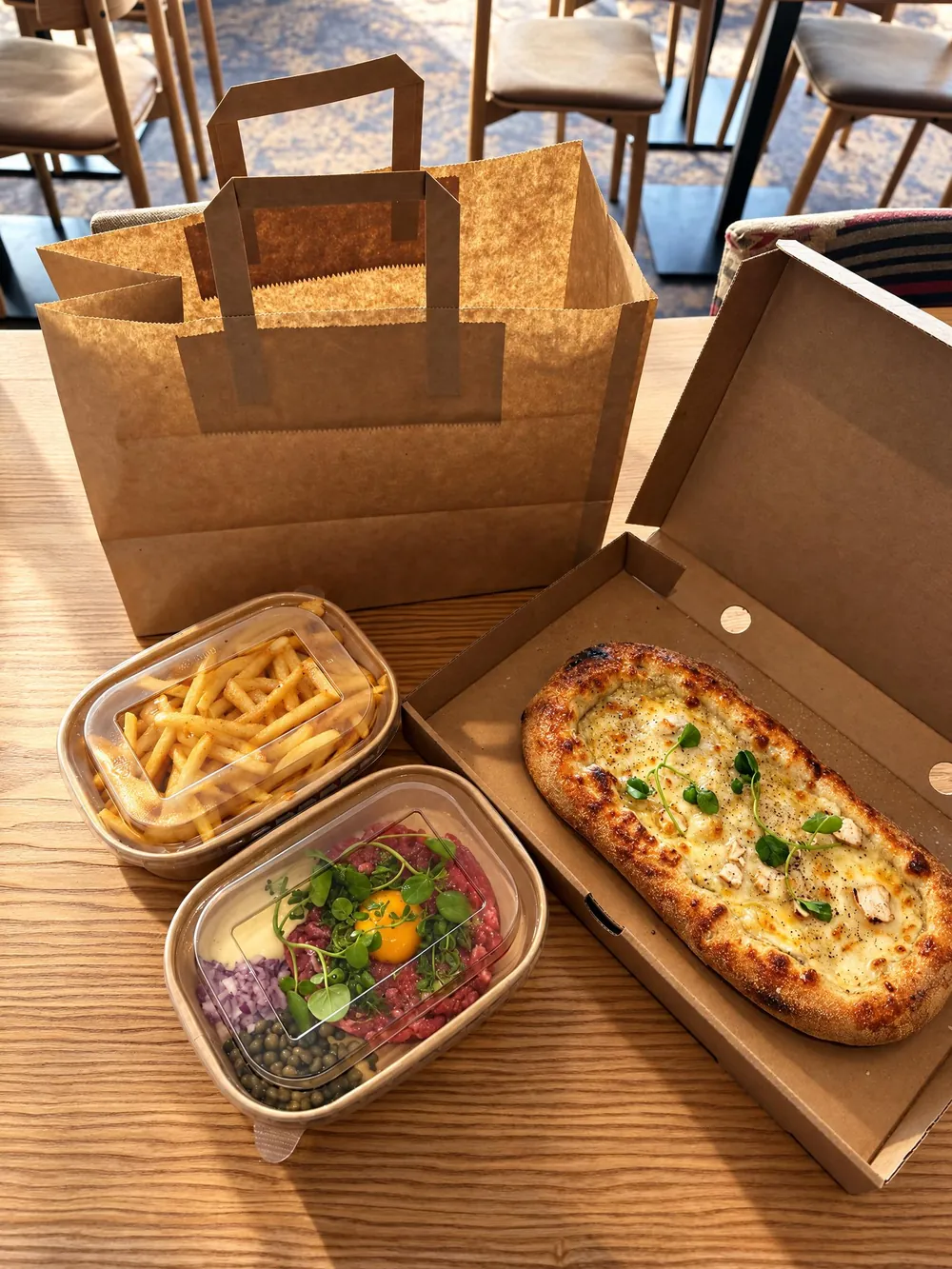 Take away-påse med pinsa, pommes och råbiff